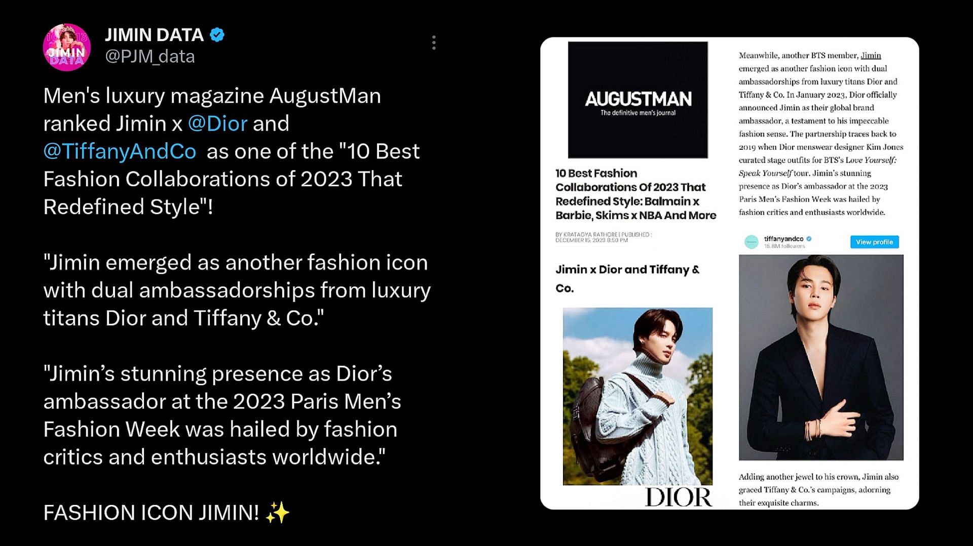Fans react as Jimin&#039;s Dior &amp; Tiffany &amp; Co ranks one of the 10 Best Fashion Collaborations Of 2023 That Redefined Style by AUGUSTMAN (Image via X)