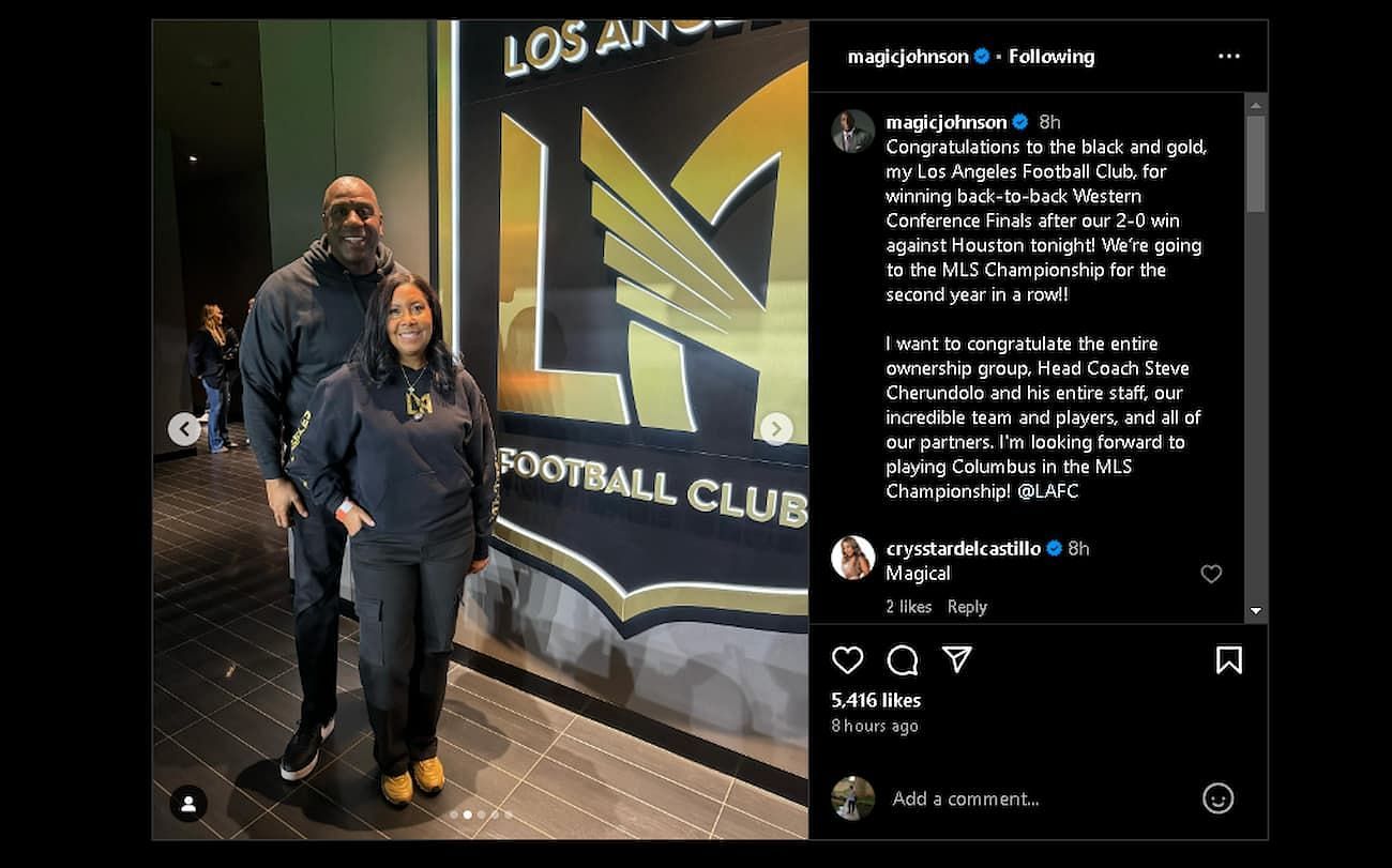 Johnson and his wife in front of the LAFC logo (Image via @magicjohnson)