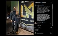 Johnson and his wife in front of the LAFC logo (Image via @magicjohnson)
