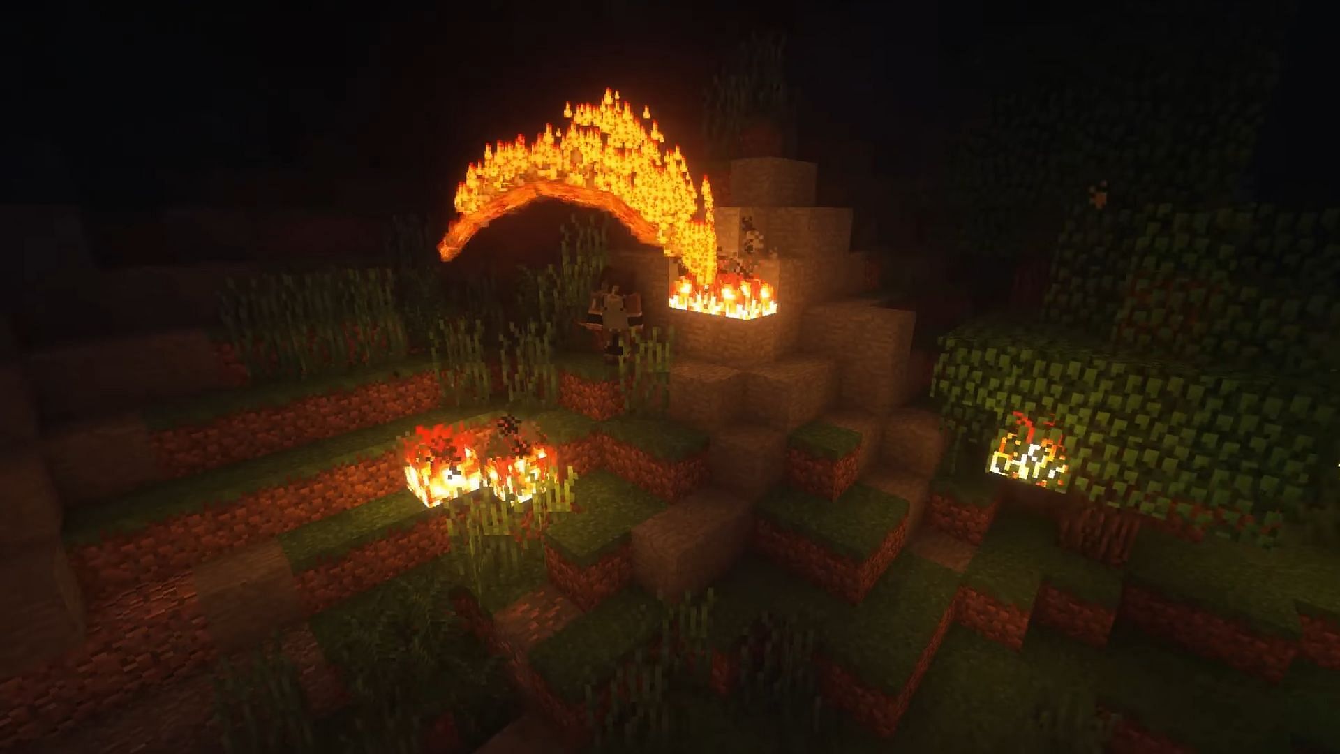 A Minecraft player harnesses their Firebending skills in Avatar Mod 2 (Image via ProjectKorra/YouTube)