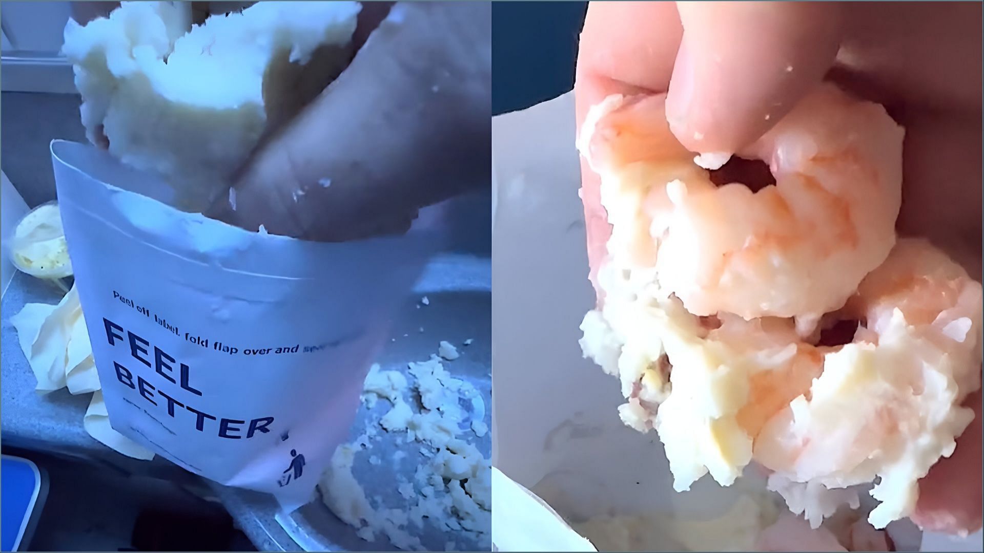 @barfly7777 makes a meal of shrimp and mashed potatoes at over 35,000 feet (Image via @barfly7777 on TikTok)