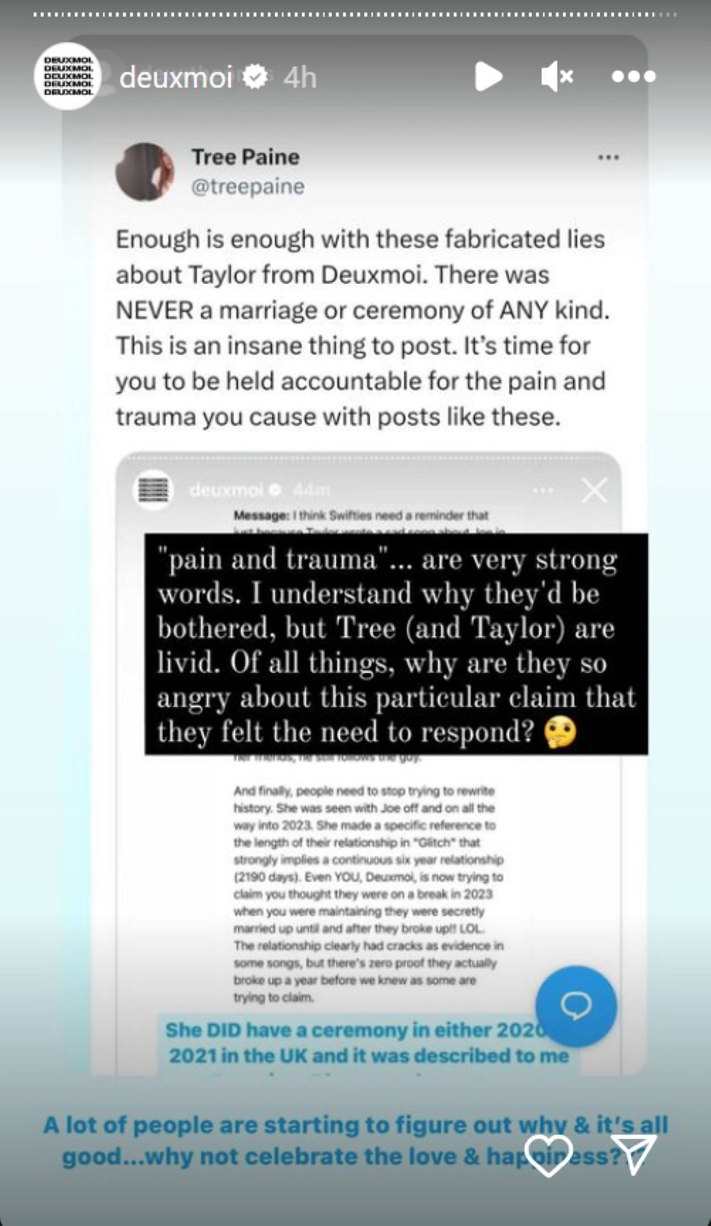 Deuxmoi responds to Paine&rsquo;s statement (Image via deuxmoi/Instagram)