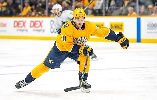 Jeremy Davies of the Nashville Predators skates against the Vancouver Canucks during an NHL game at Bridgestone Arena on January 18, 2022 in...