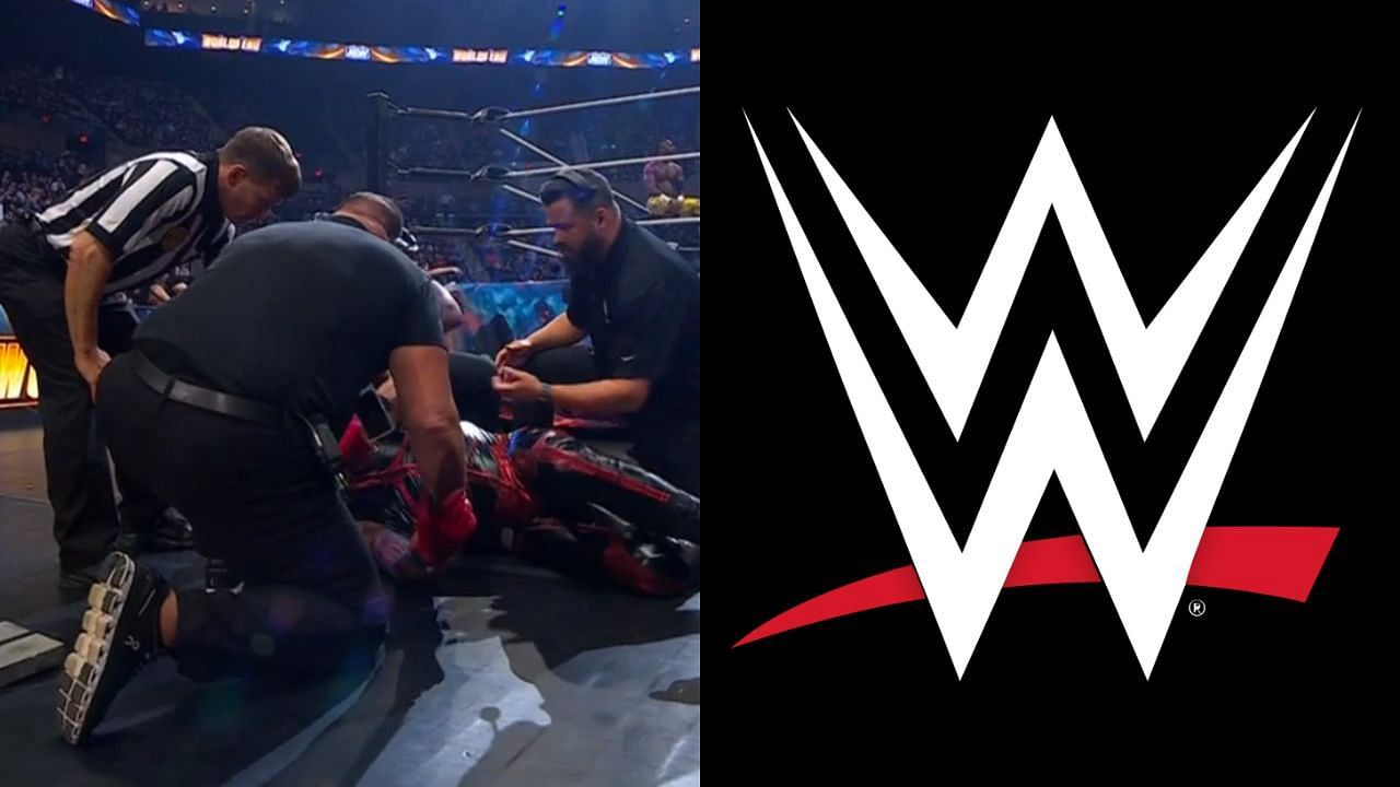 AEW medical team (left) and WWE logo (right)