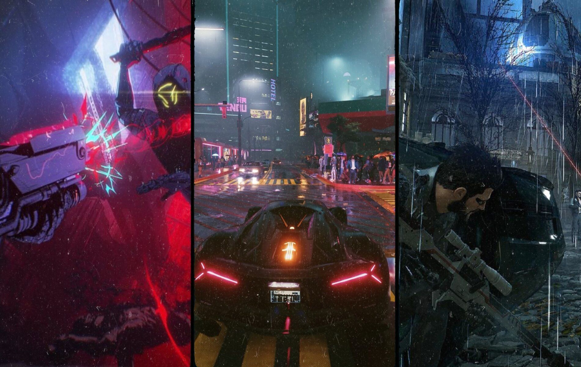 Screenshots from Ghostrunner, Cyberpunk 2077 and Deus Ex Mankind Divided