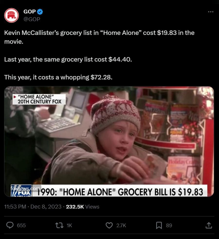 GOP&#039;s tweet regarding the rising prices (Image via X)