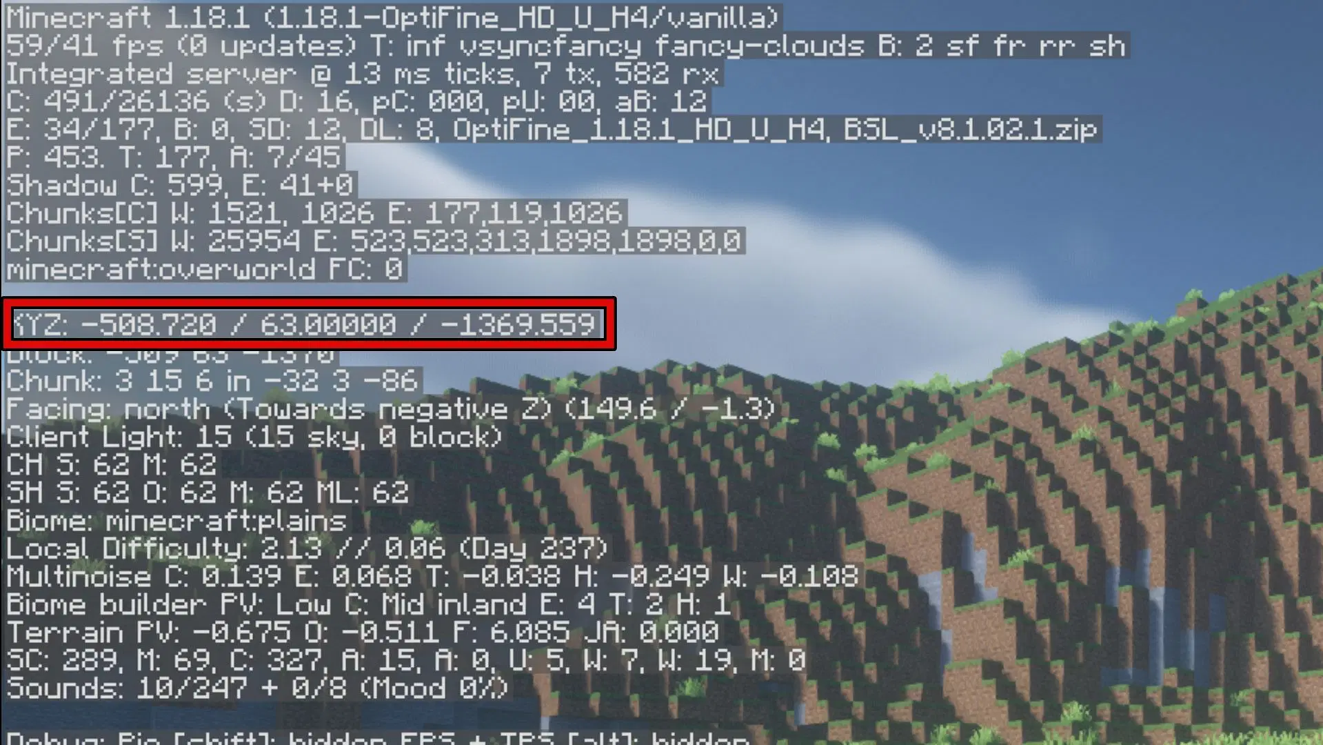 The debug screen in Java Edition shows a lot of information about the game, including a player's coordinates (Image via Mojang)