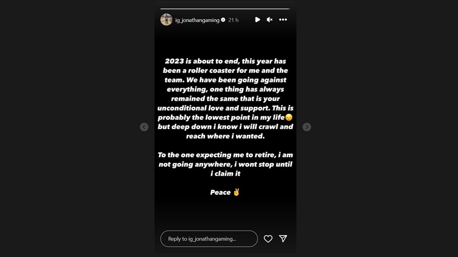 Jonathan will continue as a BGMI esports player. (Image via Instagram/ig_jonathangaming)