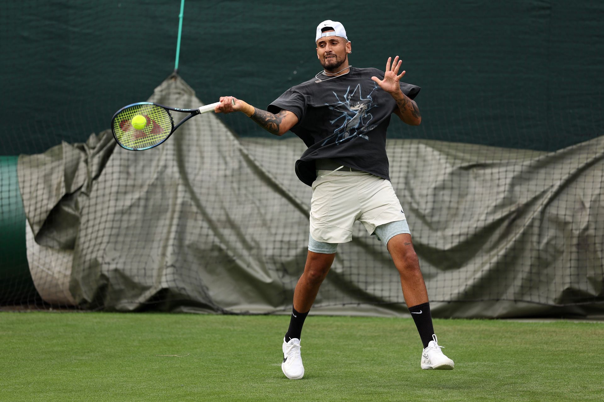 Nick Kyrgios at a practice session ahead of 2023 Wimbledon