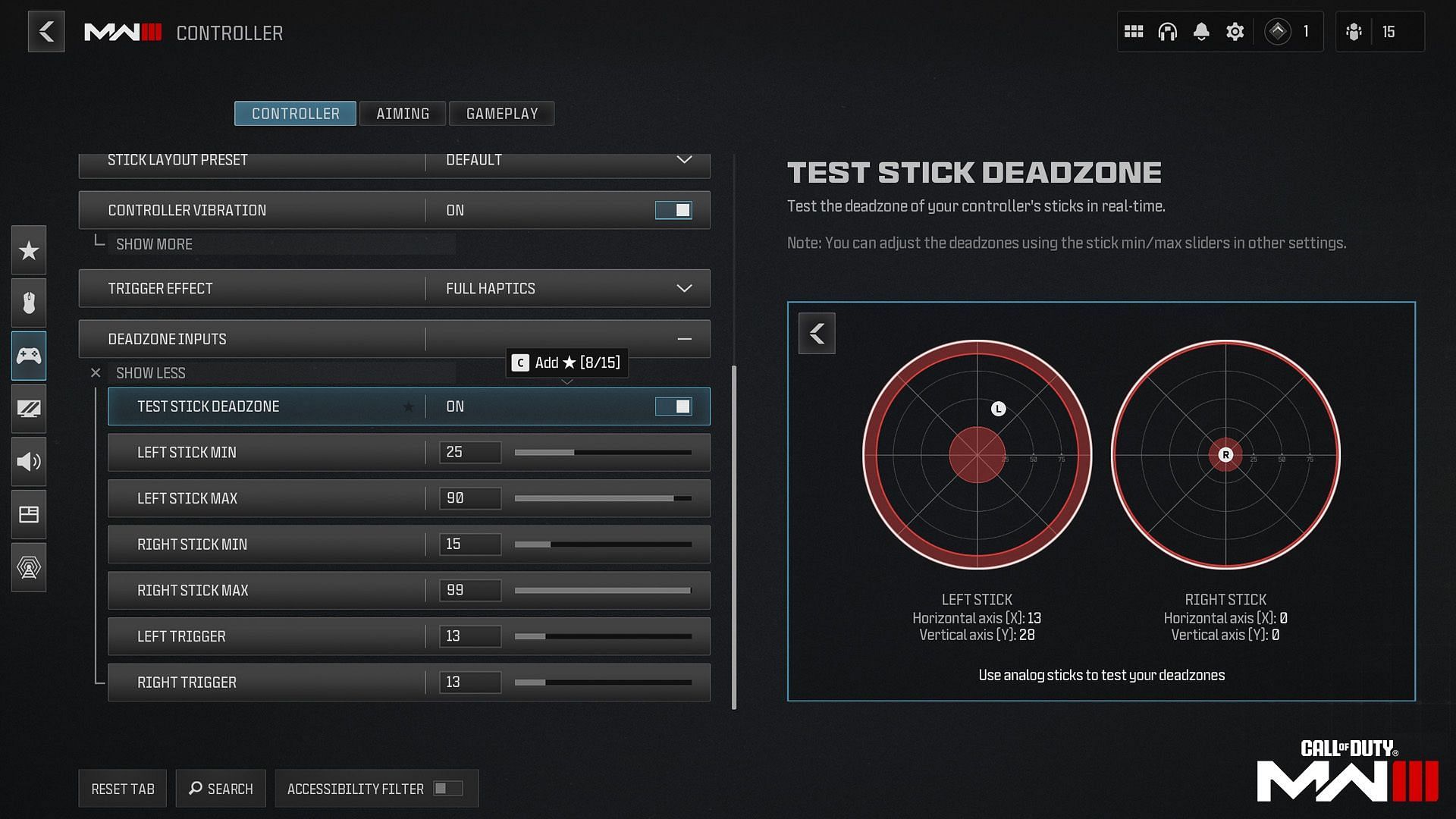 MW3 Deadzone settings. (Image via Activision)