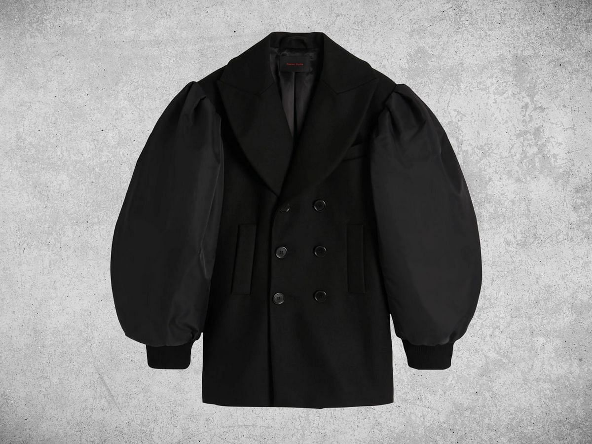 The Simone Rocha men&#039;s peacoat with puffed satin sleeves (Image via Neiman Marcus)