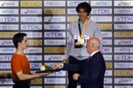 Neeraj Chopra being presented with gold medal at World Athletics Championships Budapest 2023