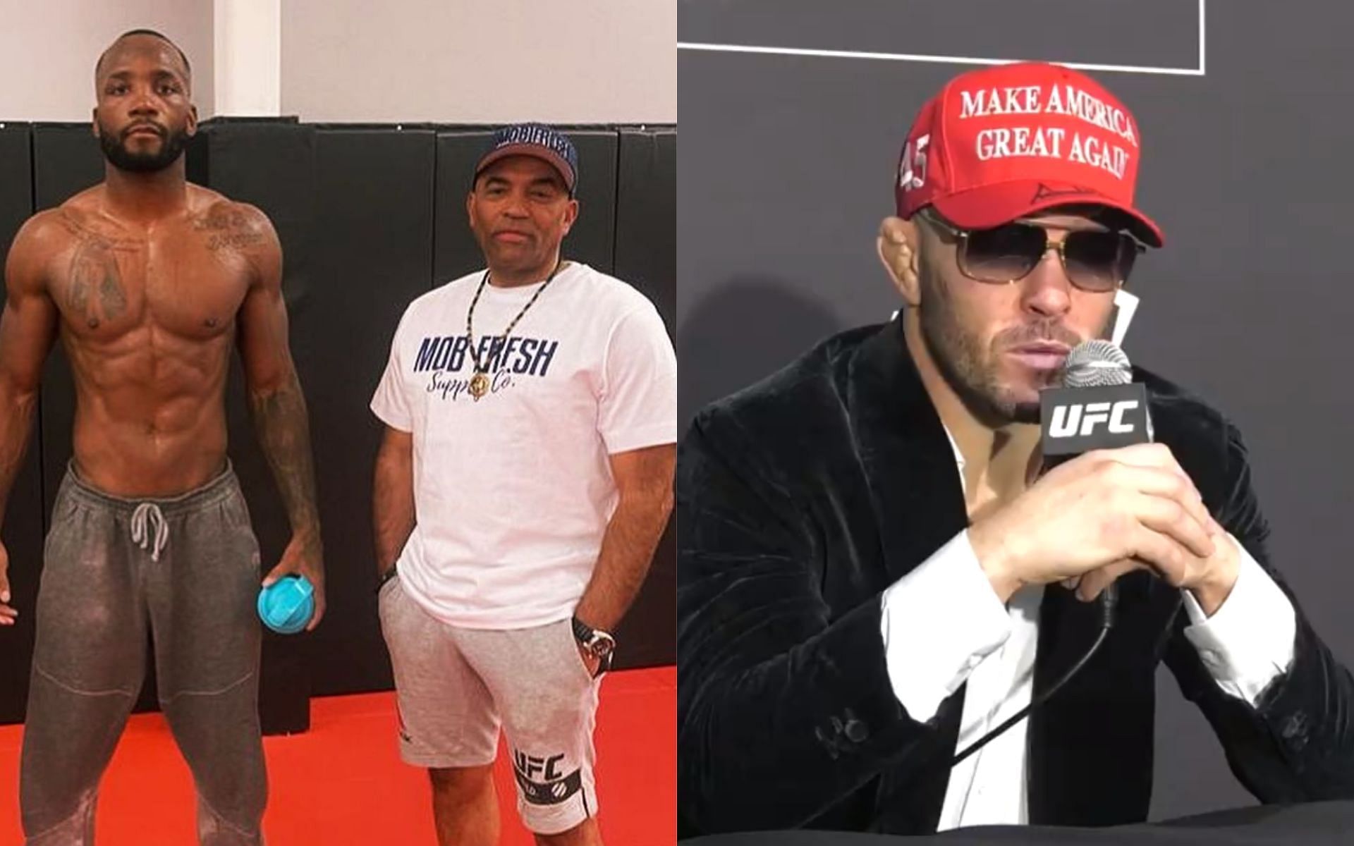 Leon Edwards with his coach David Lovell (left) and Colby Covington (right) (Images courtesy @davidlovellboxing on Instagram and @MMAFighting on X)