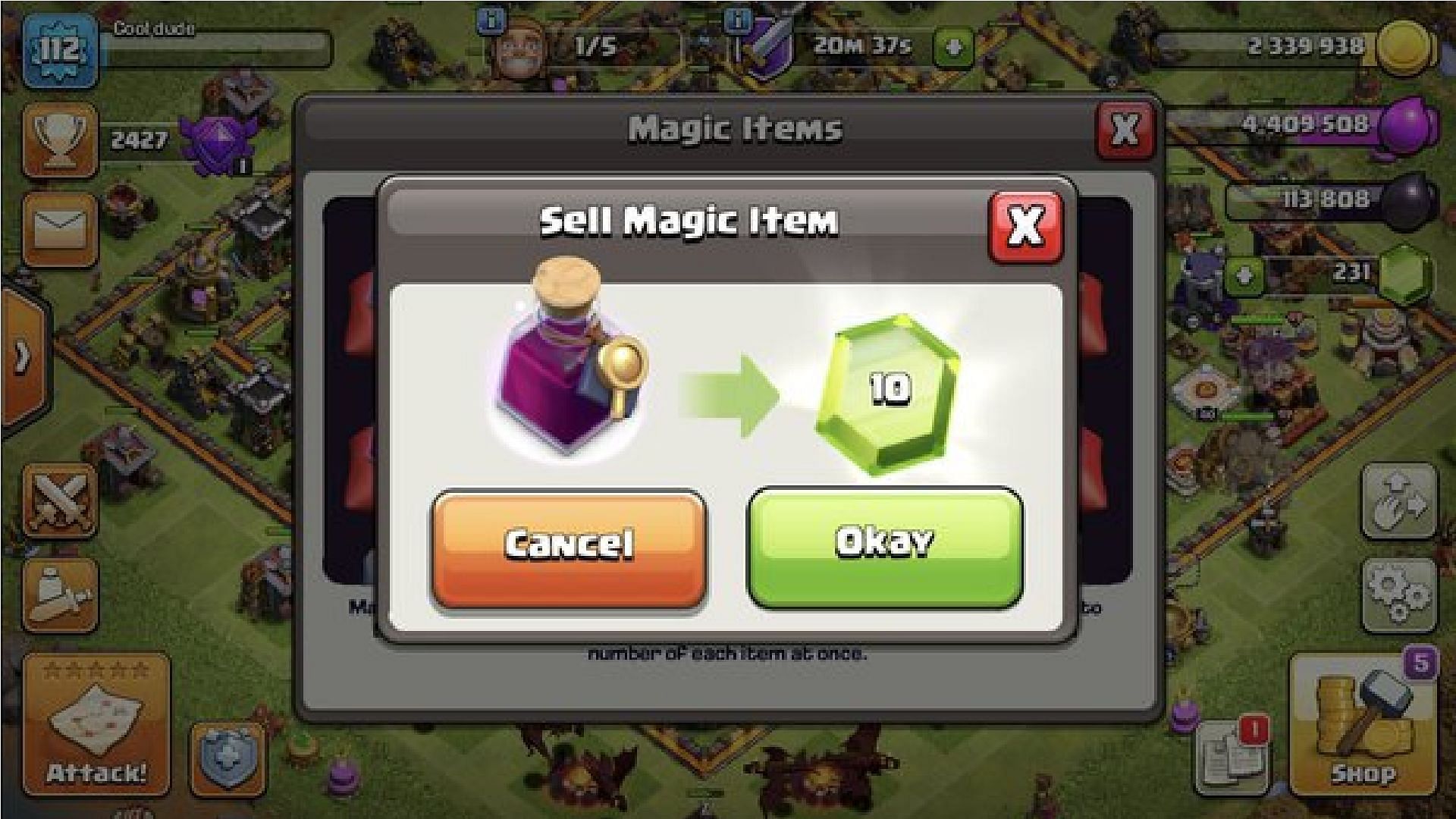 Sell the Magic Items for free gems (Image via Supercell)