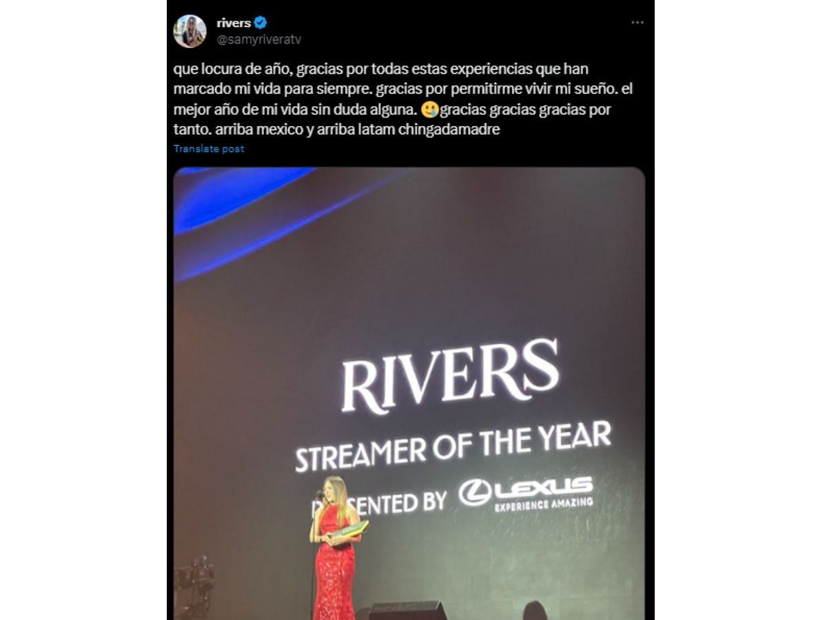 Rivers wins the Streamer of the Year Award 2023. (Image via X/@samyriveratv)