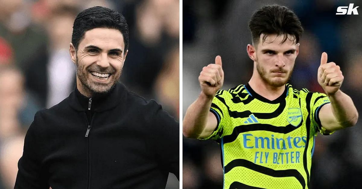 Arsenal manager Mikel Arteta (left) and midfielder Declan Rice