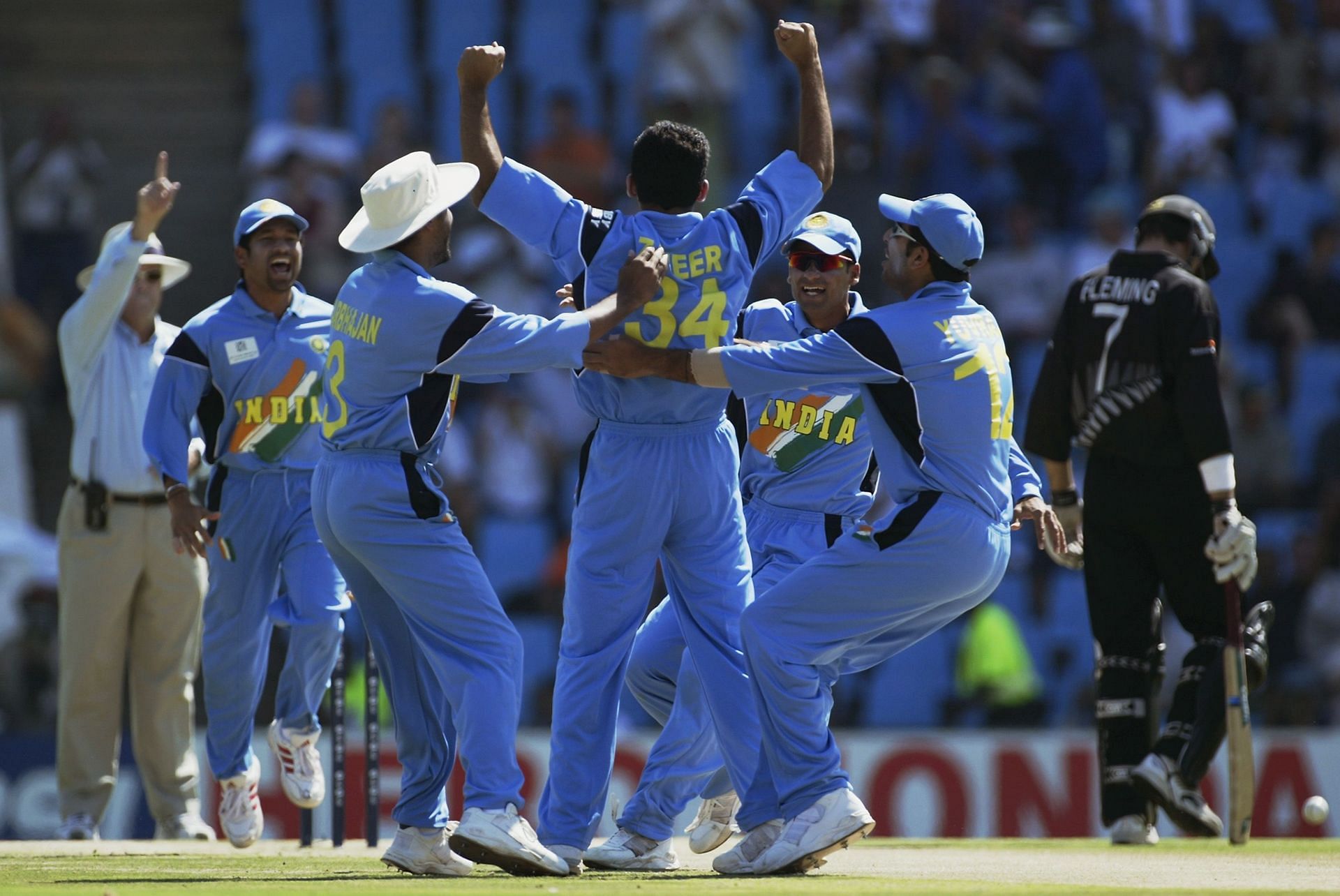 Zaheer Khan of India celebrates the wicket of Nathan Astle of New Zealand