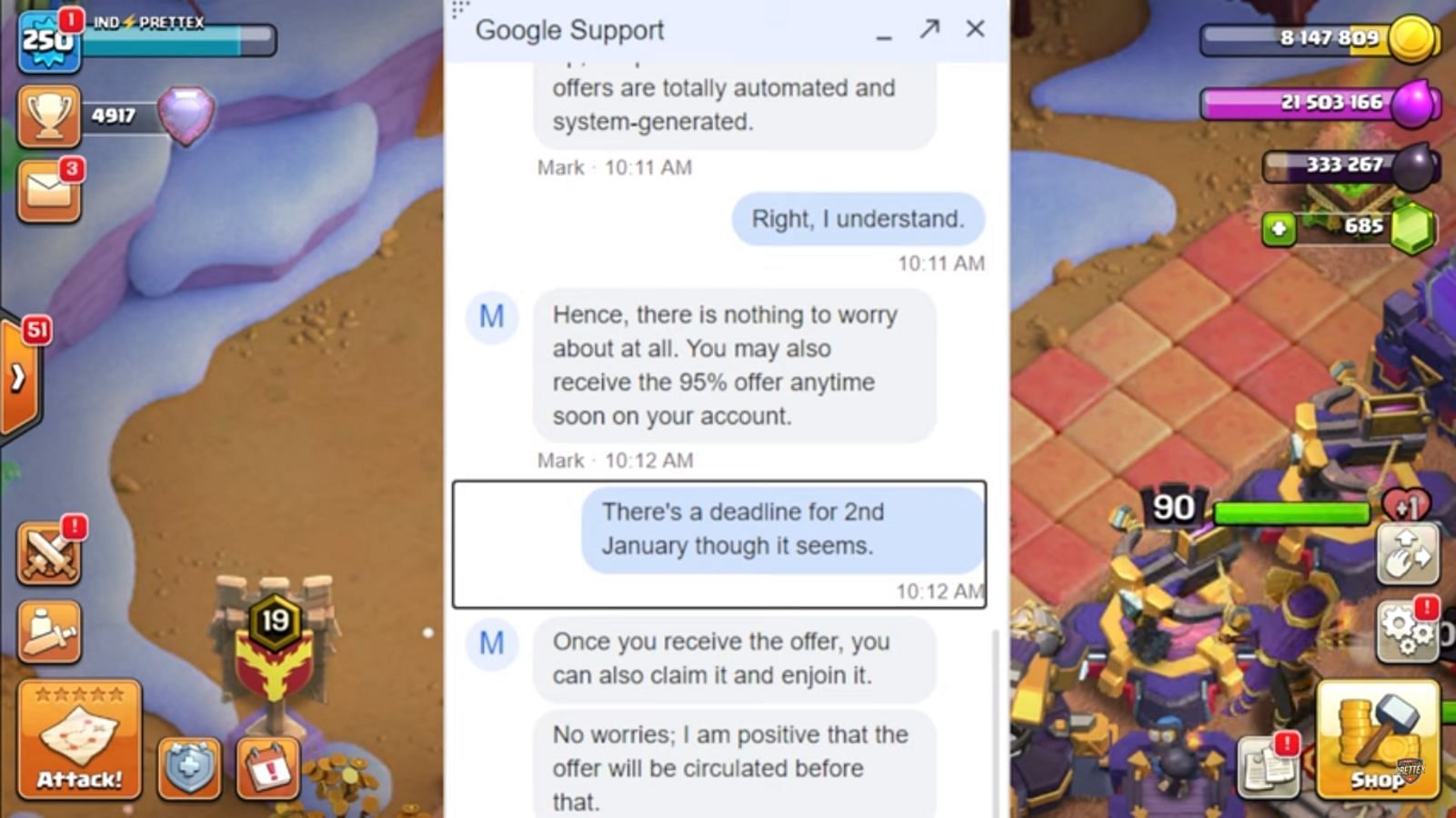 Google response to a Clash of Clans player (Image via Prettex Gaming/YouTube || Supercell)