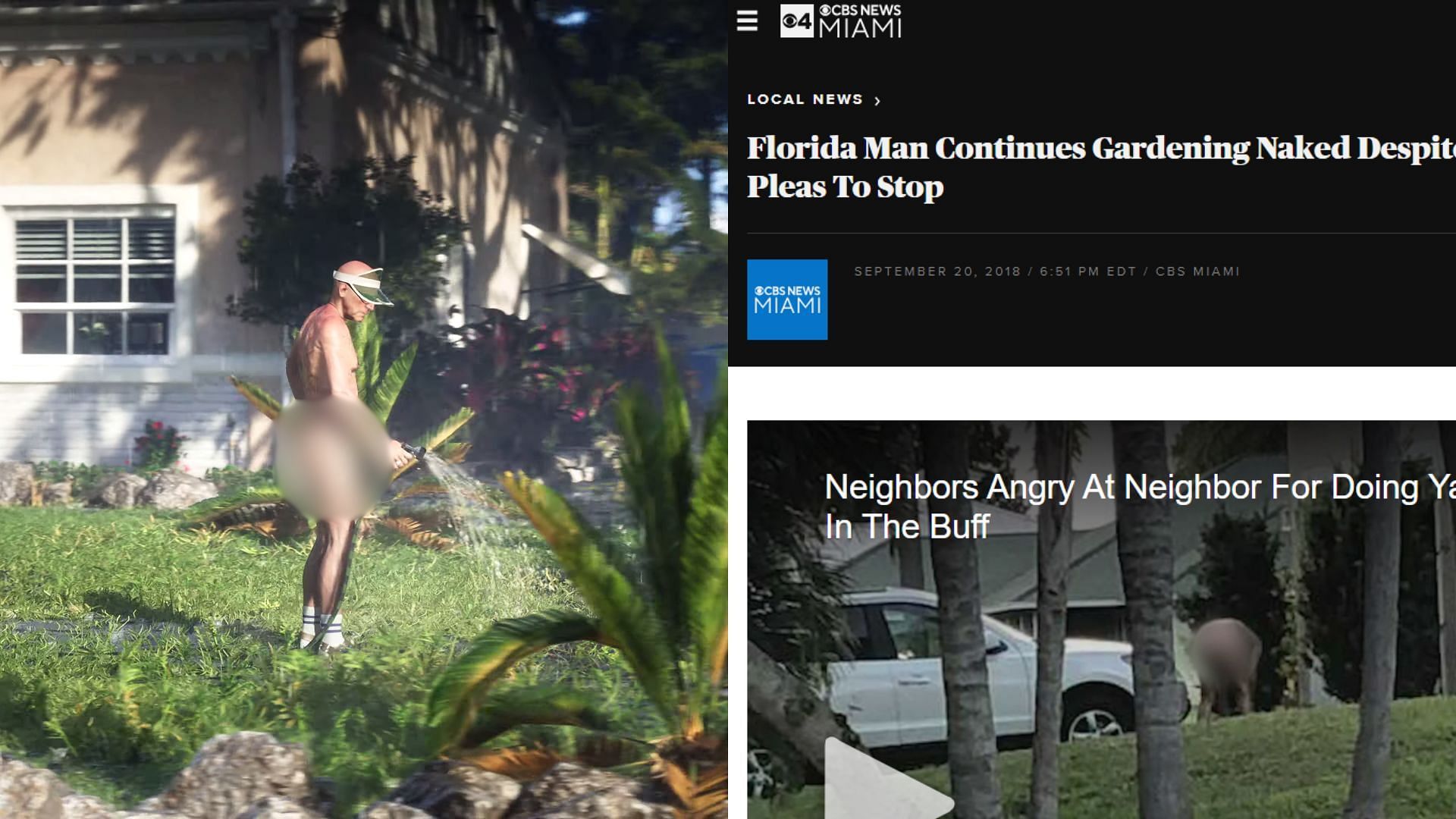 The naked gardening man depicted in the trailer (Images via Rockstar Games, CBS News Miami)