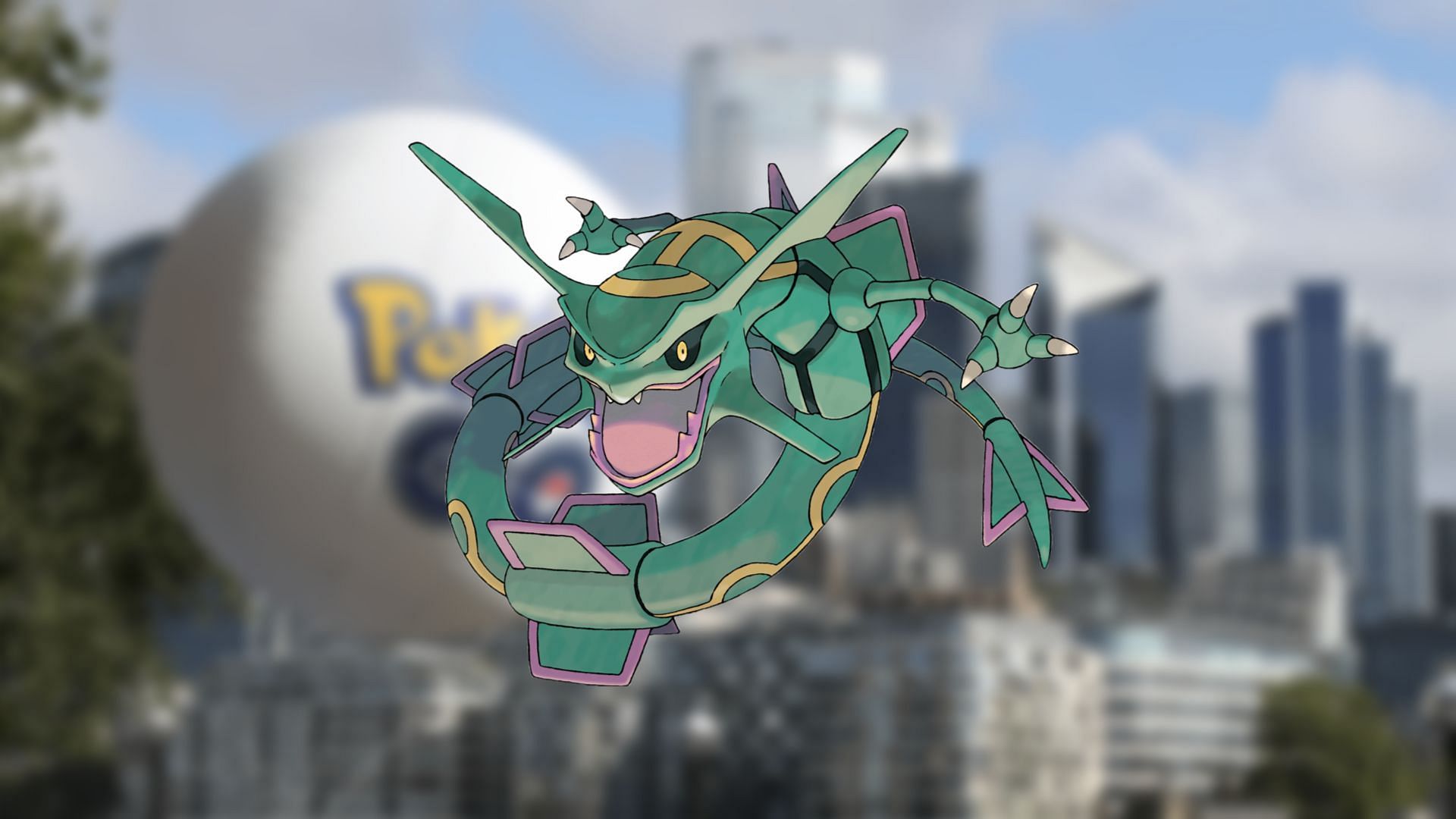 Rayquaza against the backdrop of Pokemon GO Fest 2023 in London.