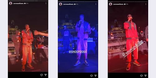 Screengrabs from Serena Williams' latest Instagram stories about Snoop Dogg's show.