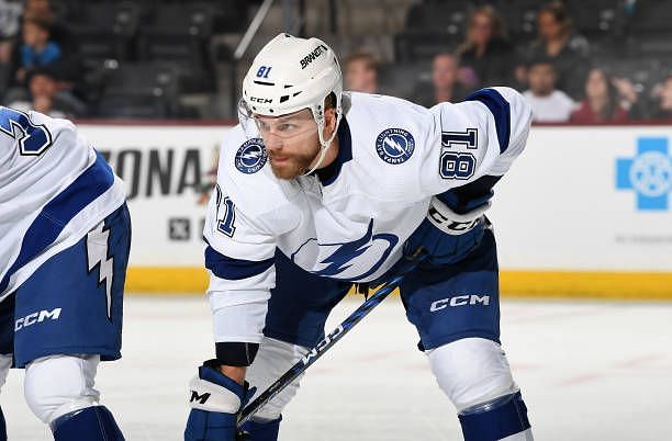 Erik Cernak of the Tampa Bay Lightning gets ready during a face off against the Arizona Coyotes at Mullett Arena on November 28, 2023 in Tempe,...