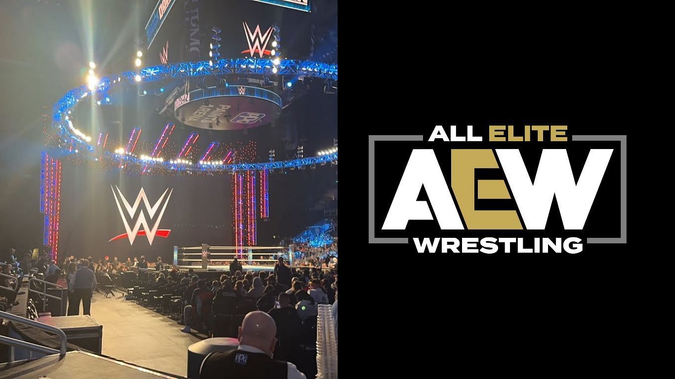 WWE arena (left), AEW logo (right)
