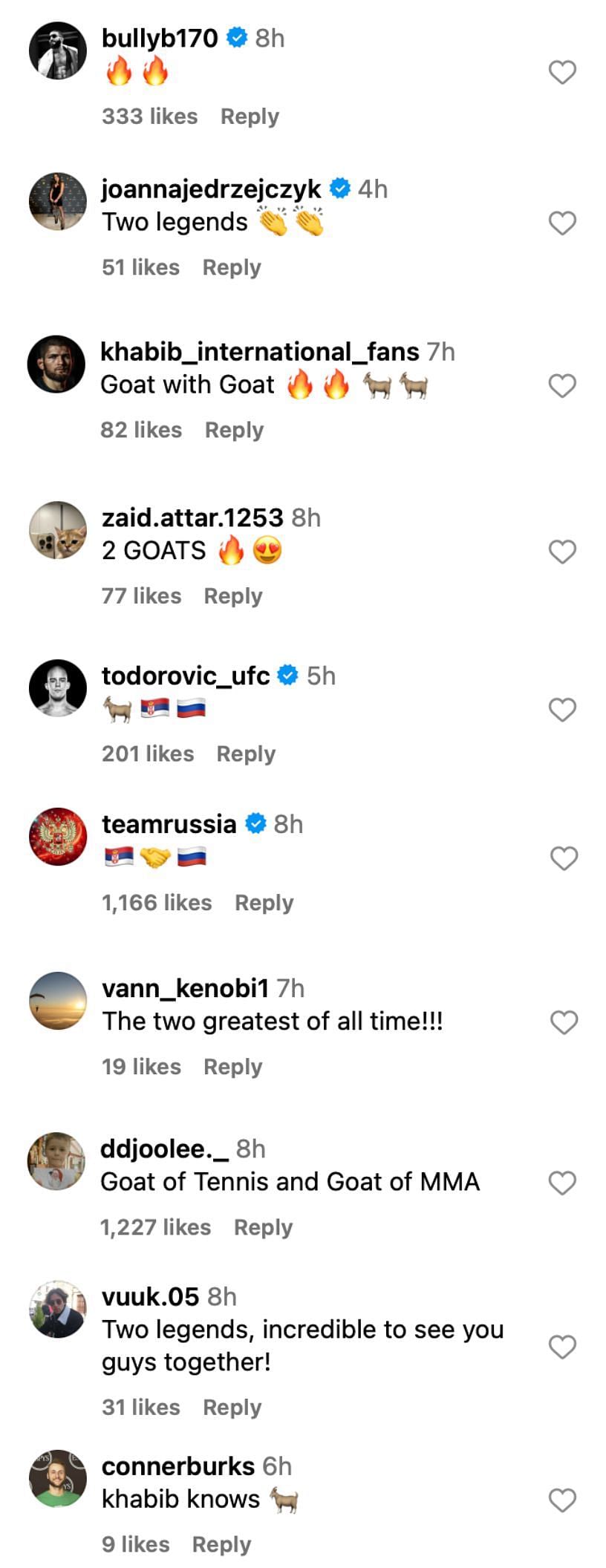 Fan reactions to Nurmagomedov&#039;s post with Novak Djokovic [via @khabib_nurmagomedov on Instagram]