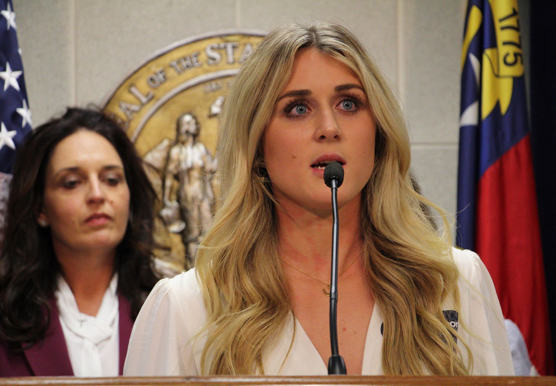Former collegiate swimmer Riley Gaines speaks at a news conference about transgender inclusion in sports at the North Carolina Legislative Building