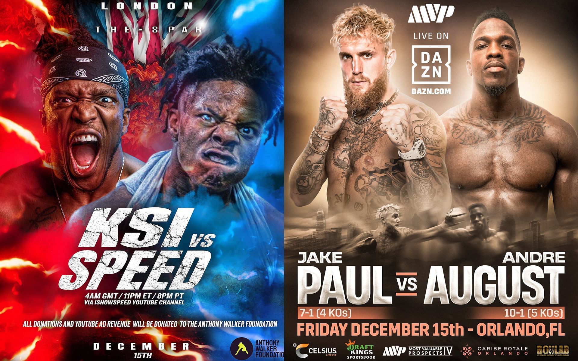 KSI vs IShowSpeed (left) and Jake Paul vs Andre August (right). [via X @ksi @jakepaul]