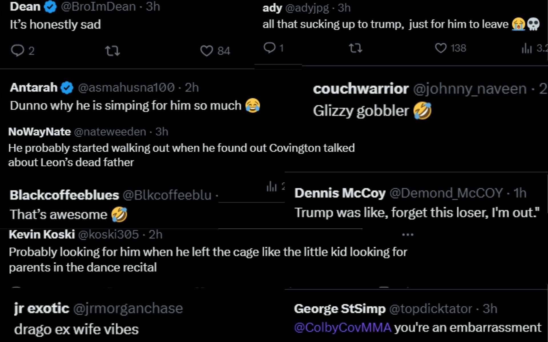 Screenshot of fan reactions to video of Donald Trump exiting the arena during Colby Covington&#039;s speech