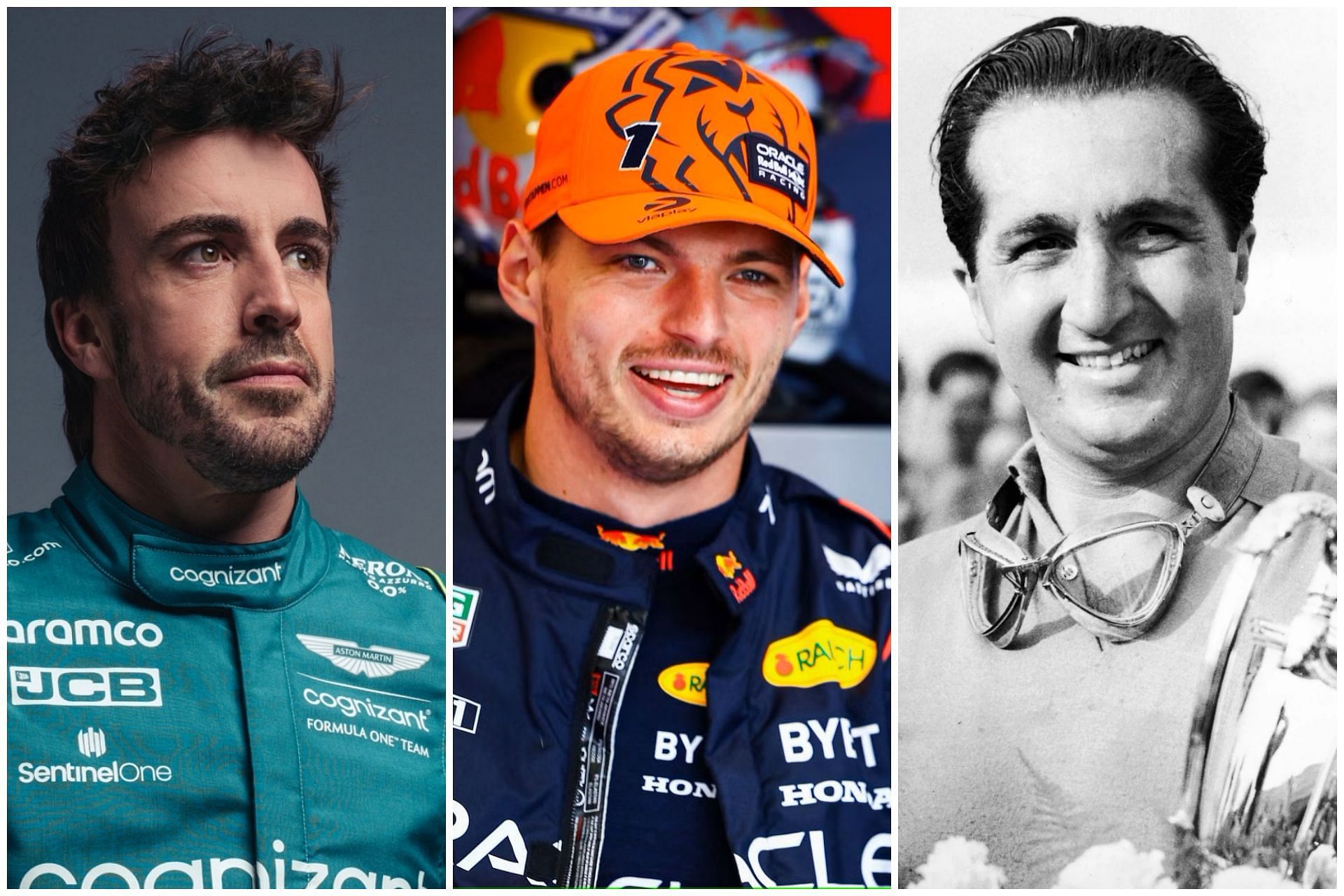Fernando Alonso (L), Max Verstappen (C), and Alberto Ascari (R) (Collage via Sportskeeda)