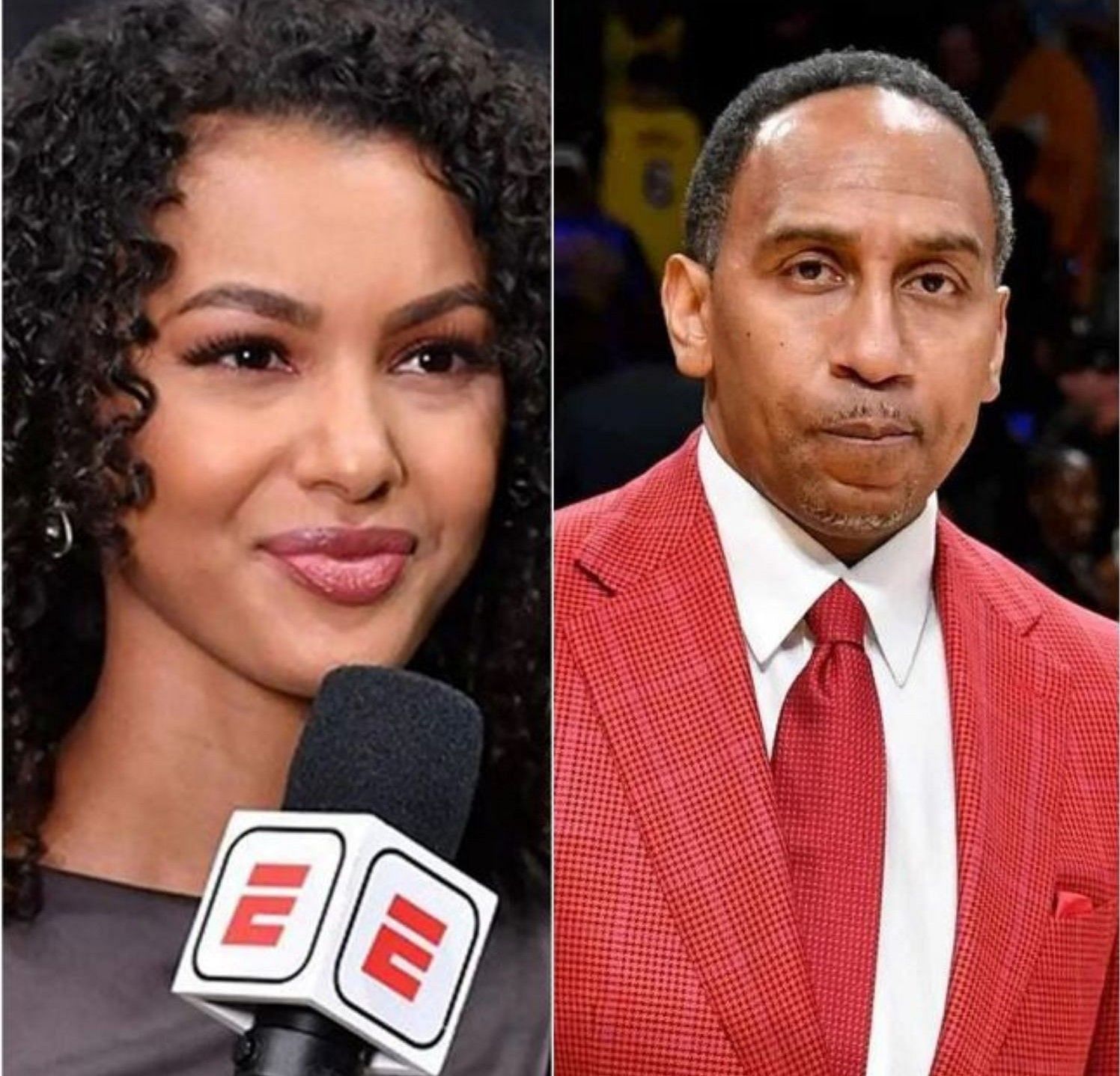 Stephen A. Smith (R) has the back of ESPN colleague Malika Andrews (L) in accusations hurled at her recently.
