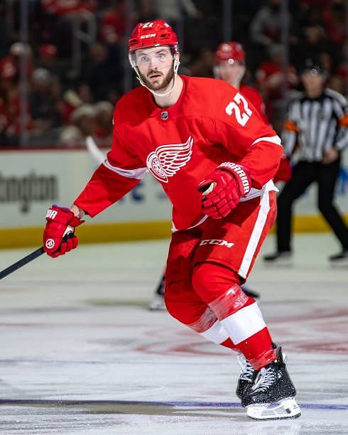 Michael Rasmussen of the Detroit Red Wings follows the play against the Philadelphia Flyers during the third period at Little Caesars Arena on...