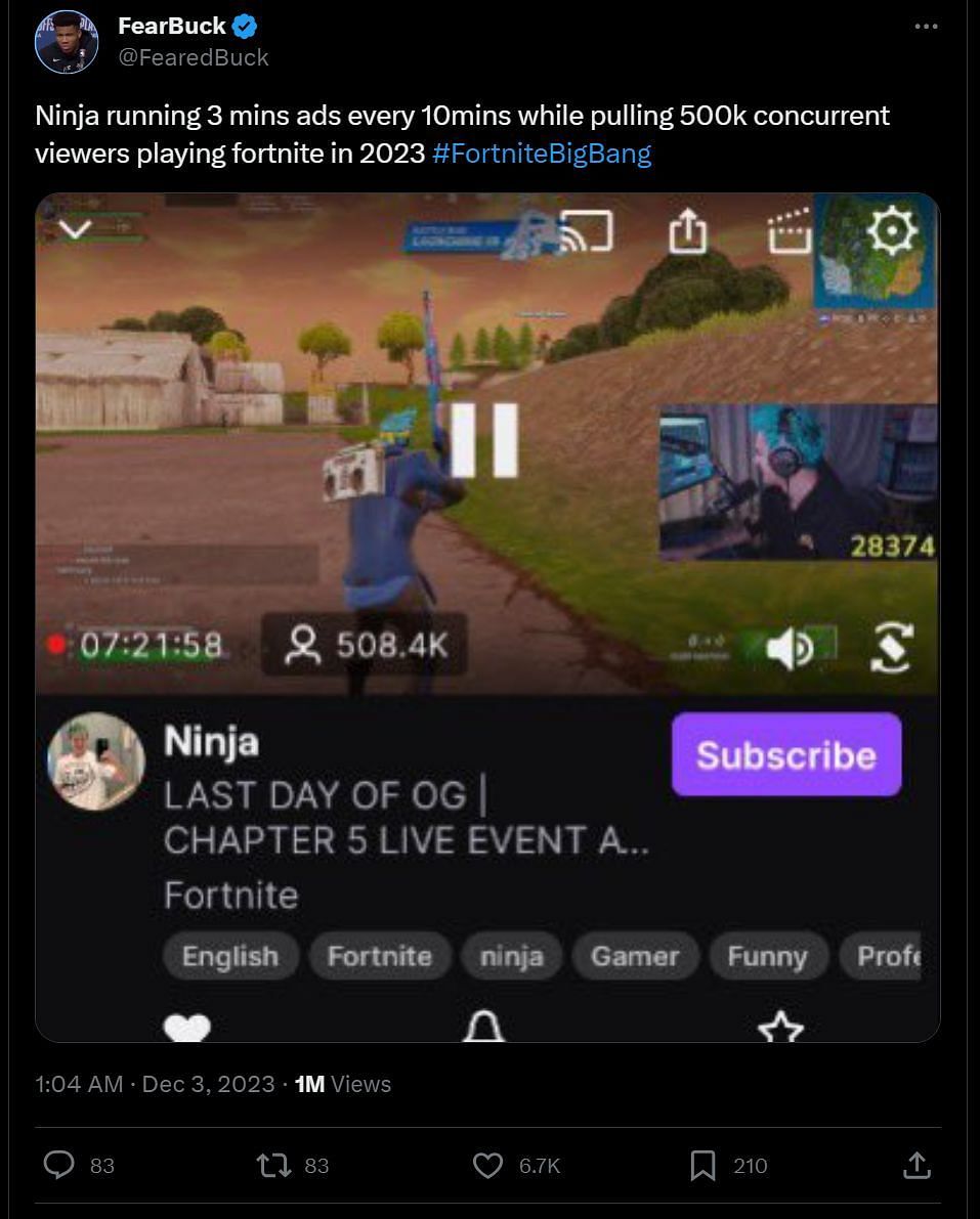 X user @FearedBuck&#039;s viral post featuring the Twitch star&#039;s recent Fortnite livestream (Image via X)