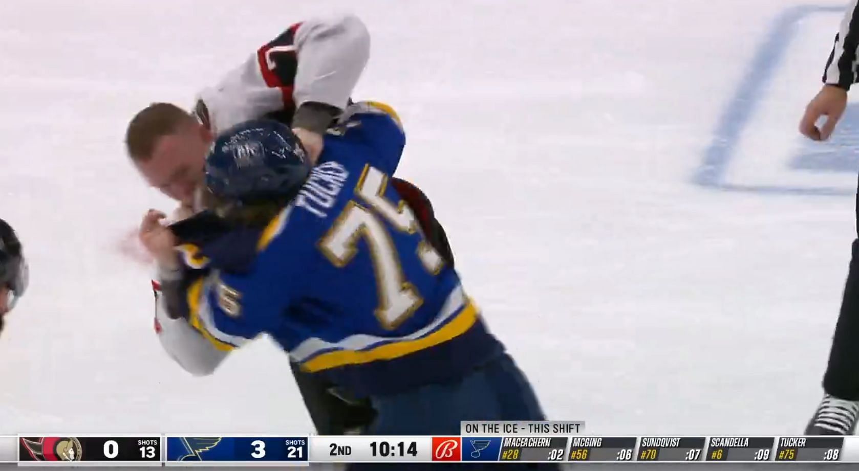 Brady Tkachuk and Tyler Tucker drop the gloves in game between Ottawa Senators and St. Louis Blues