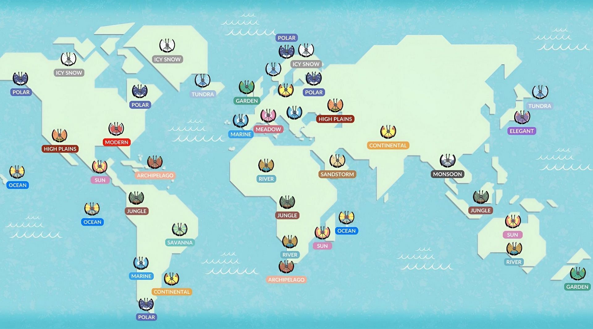 Each Vivillon pattern and the world region it is tied to in Pokemon GO (Image via Serebii.net)