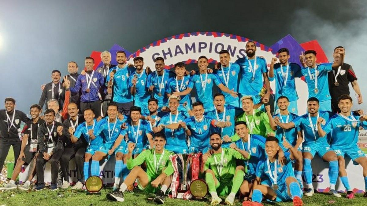 A joyous Indian team celebrating their 2023 Tri-Nation tournament victory