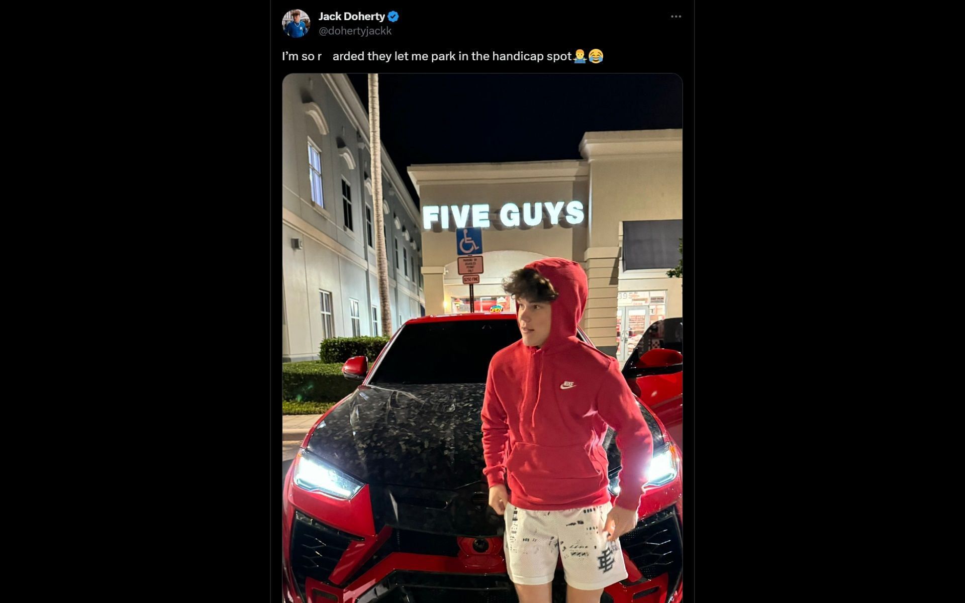 Kick streamer&#039;s recent tweet in which he showed off his Lamborghini Urus (Image via @dohertyjackk/X)