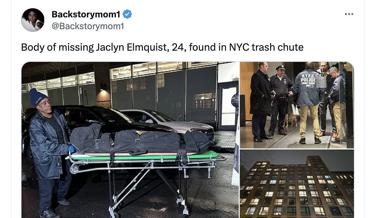 Social media users were left shocked as a 24-year-old woman&#039;s body was found in a trash chute of a posh building in New York. (Image via Twitter)