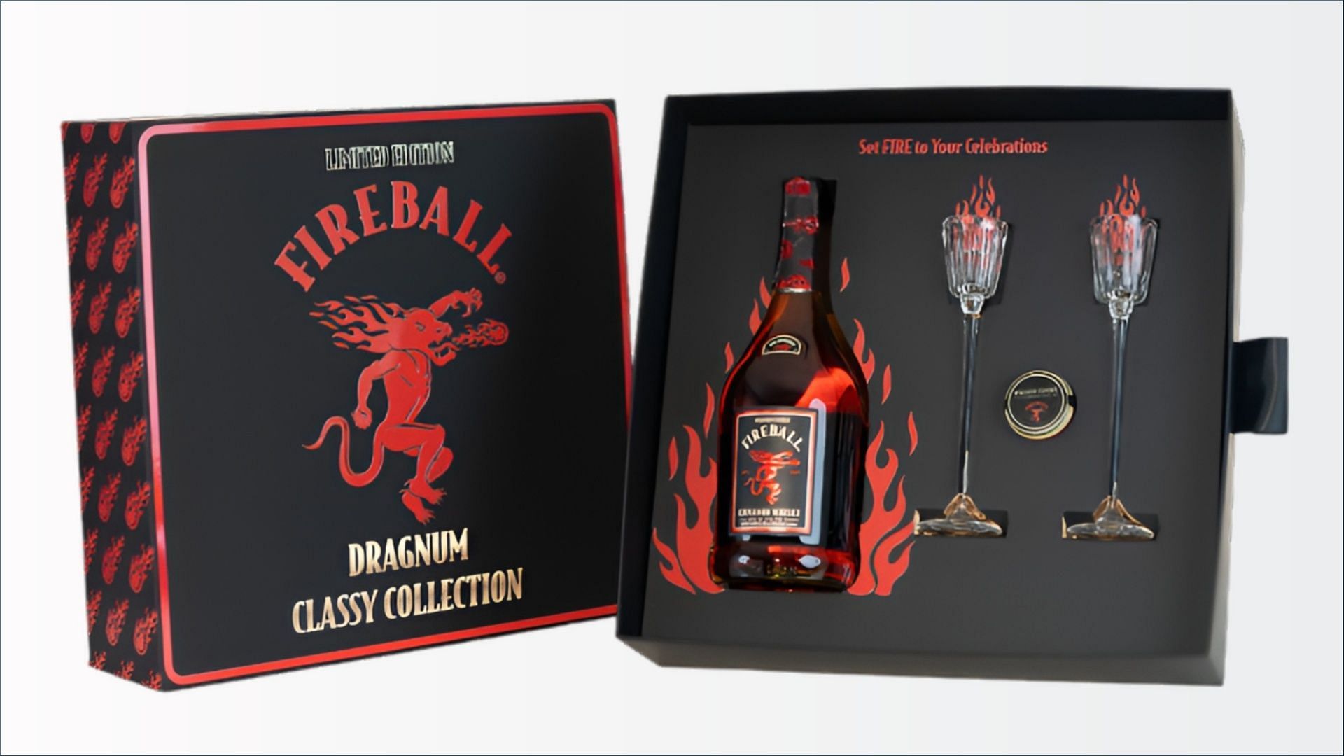 The limited-edition Dragnum Classy Collection hits retail liquor stores on December 12 (Image via Fireball Whisky / ReserveBar)