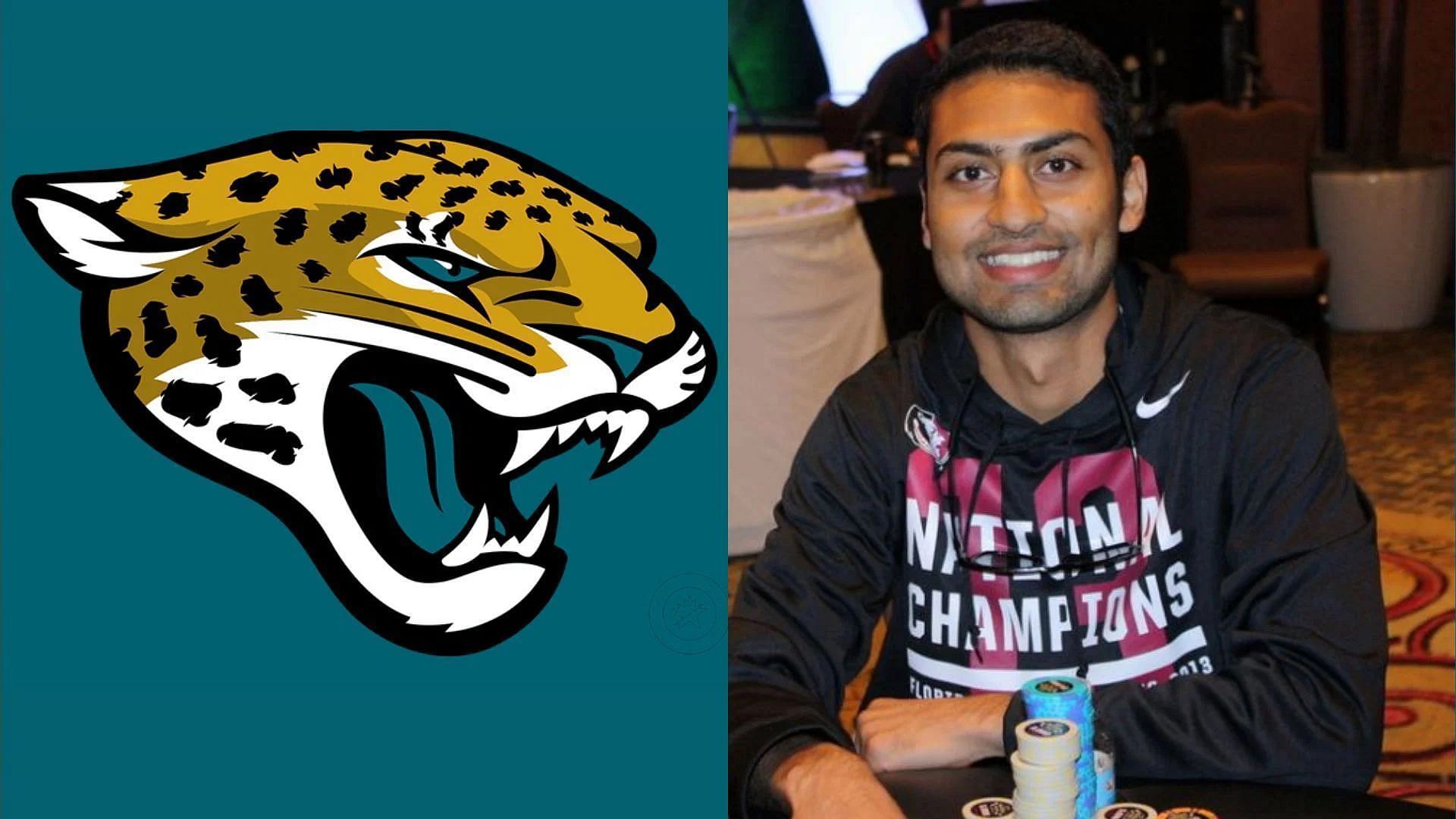 Amit Patel is accused of stealing $22 million from the Jacksonville Jaguars. (Image credit: SportsLogos.net, SeminoleHardRockPokerOpen.com)