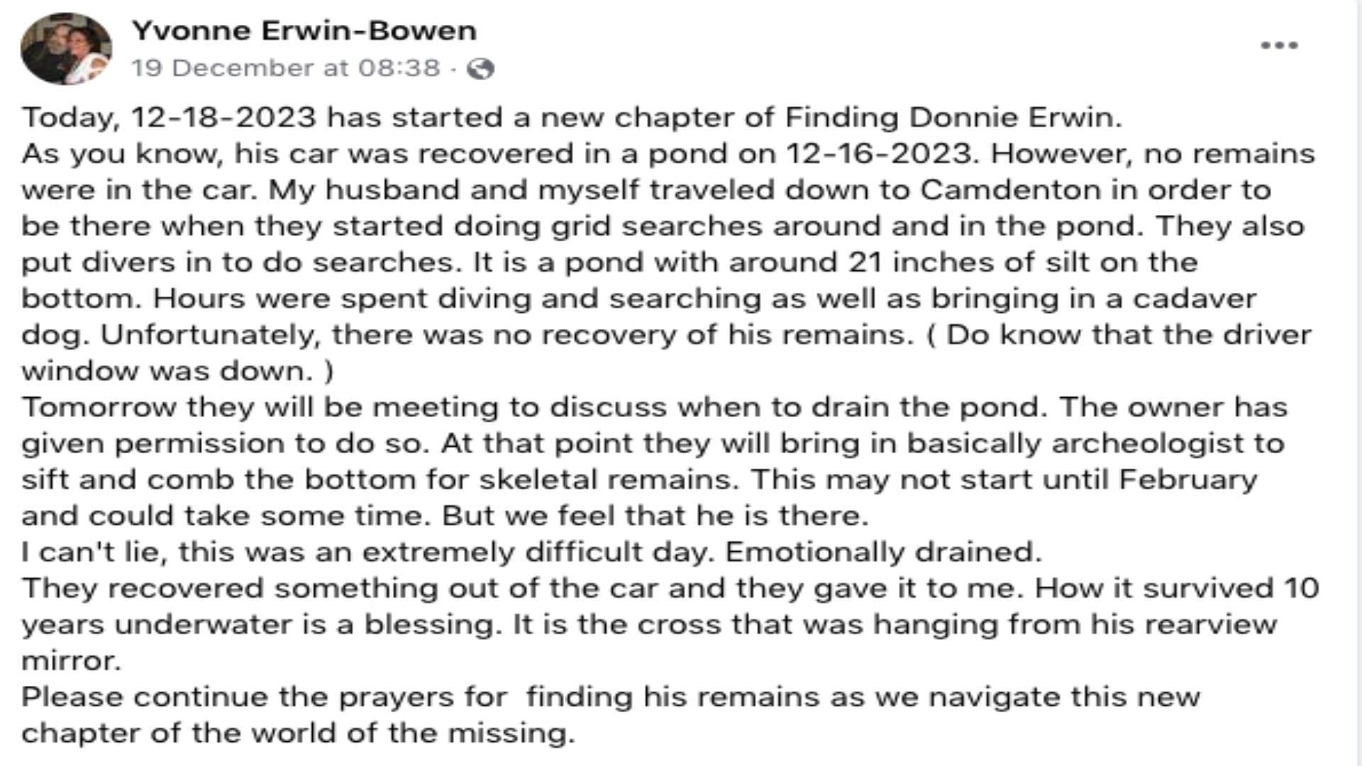 Statement from Donald Erwin&#039;s family (Image via Yvonne Erwin)