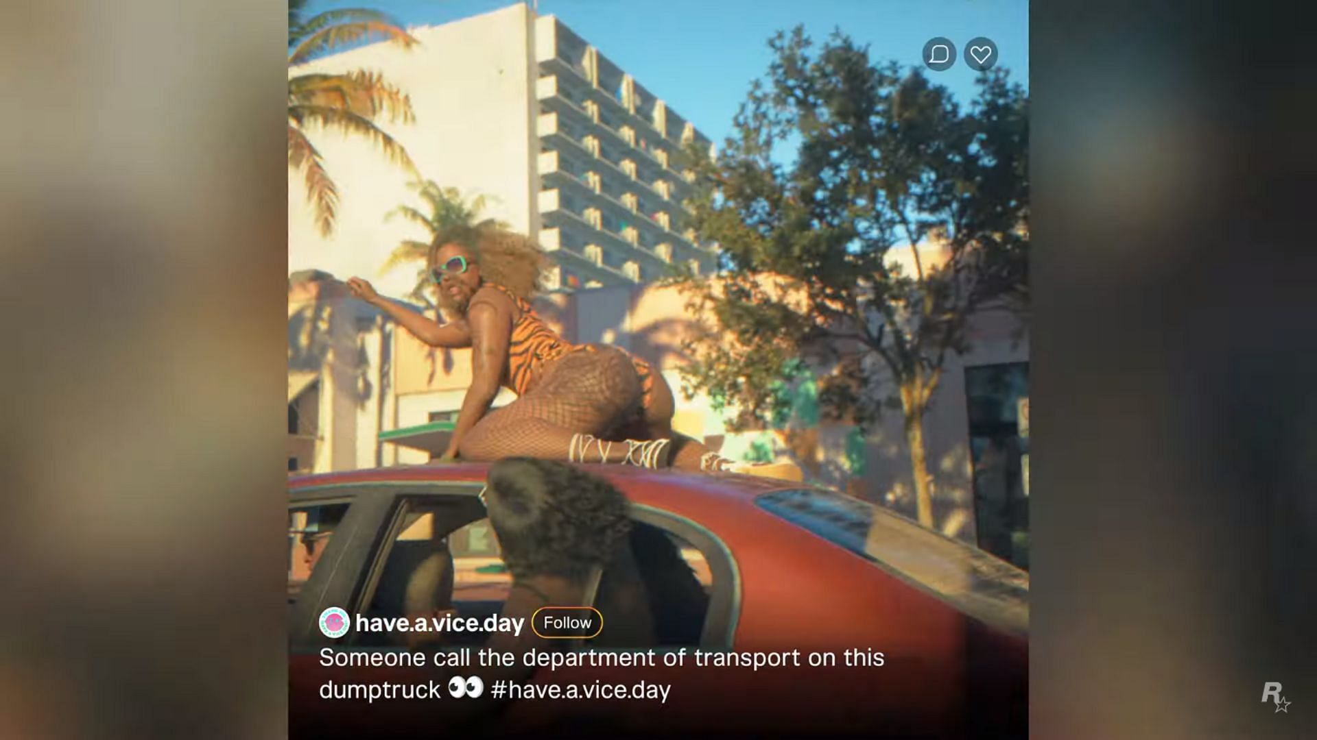 A screenshot from the trailer displaying a character on top of a car (Image via YouTube/Rockstar Games)