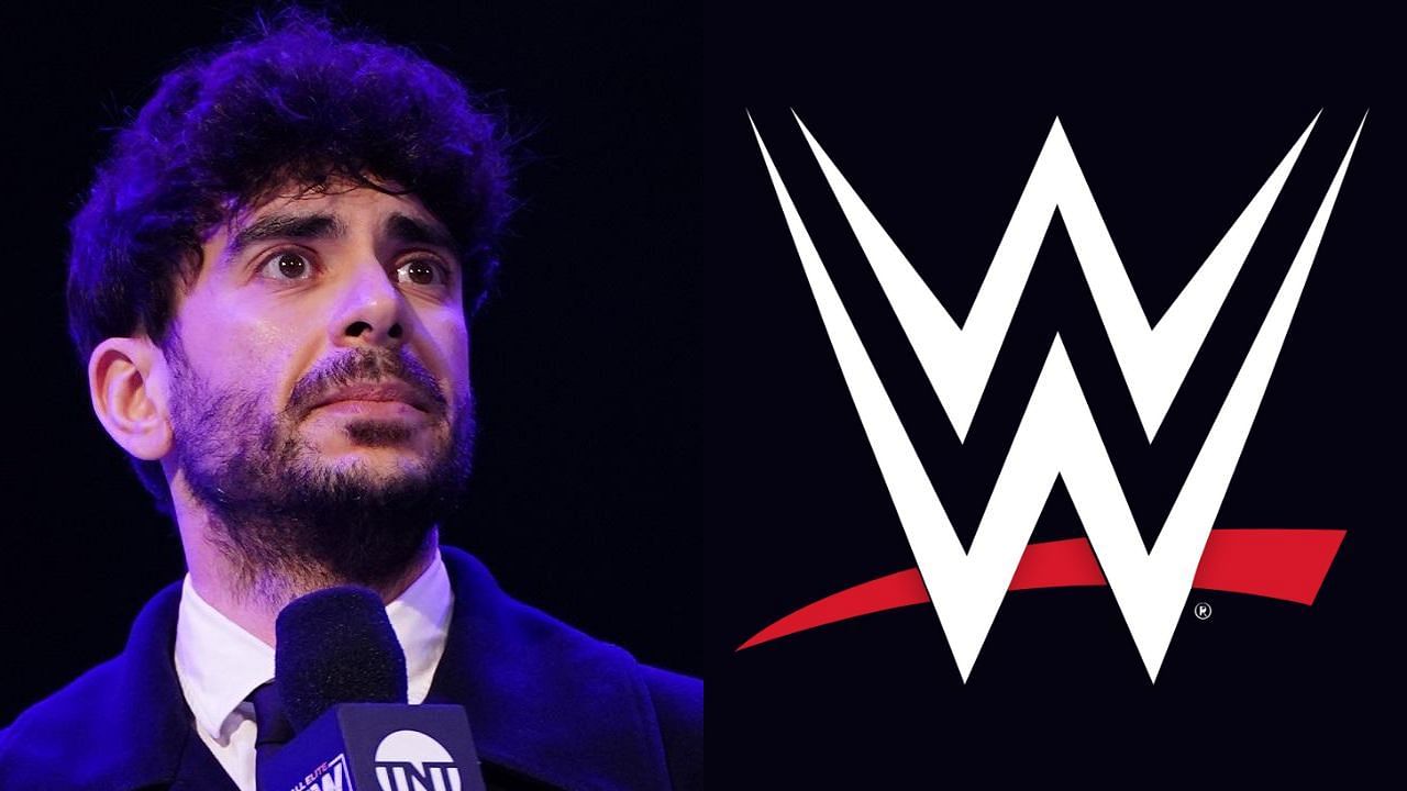 Tony Khan (left) and WWE logo (right)