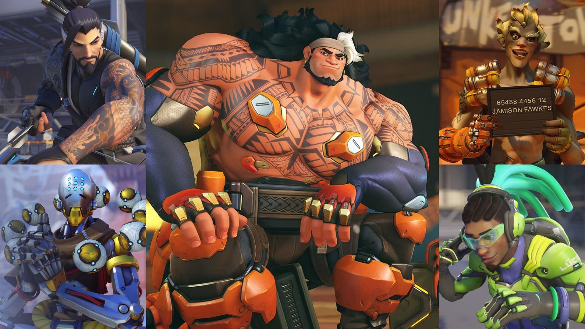 Team composition of Mauga, Hanzo, Junkrat, Lucio, and Zenyatta in Overwatch 2 (Image via Blizzard Entertainment)