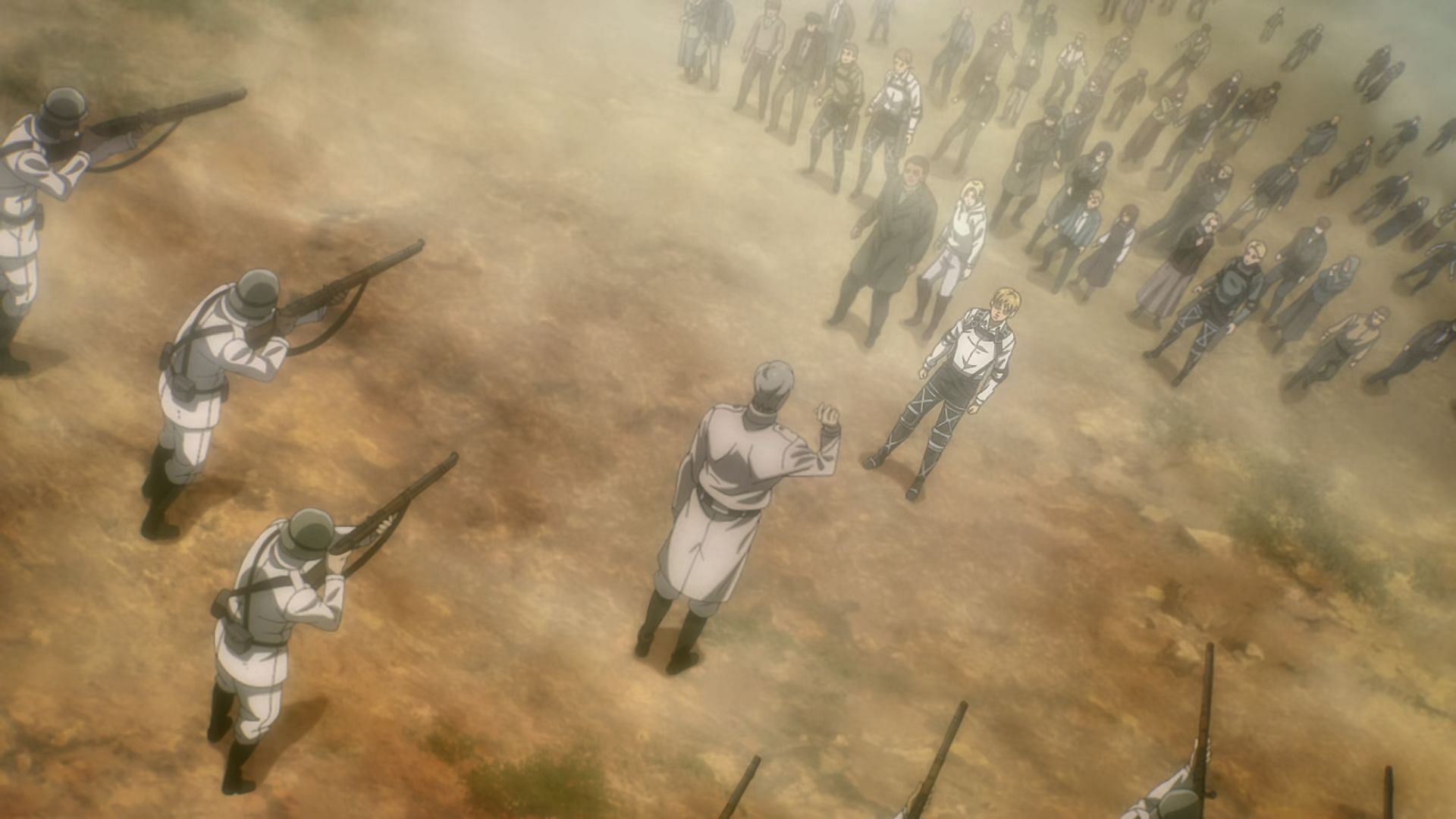 Marleyans vs. Eldians post-rumbling in Attack on Titan finale (Image via MAPPA)