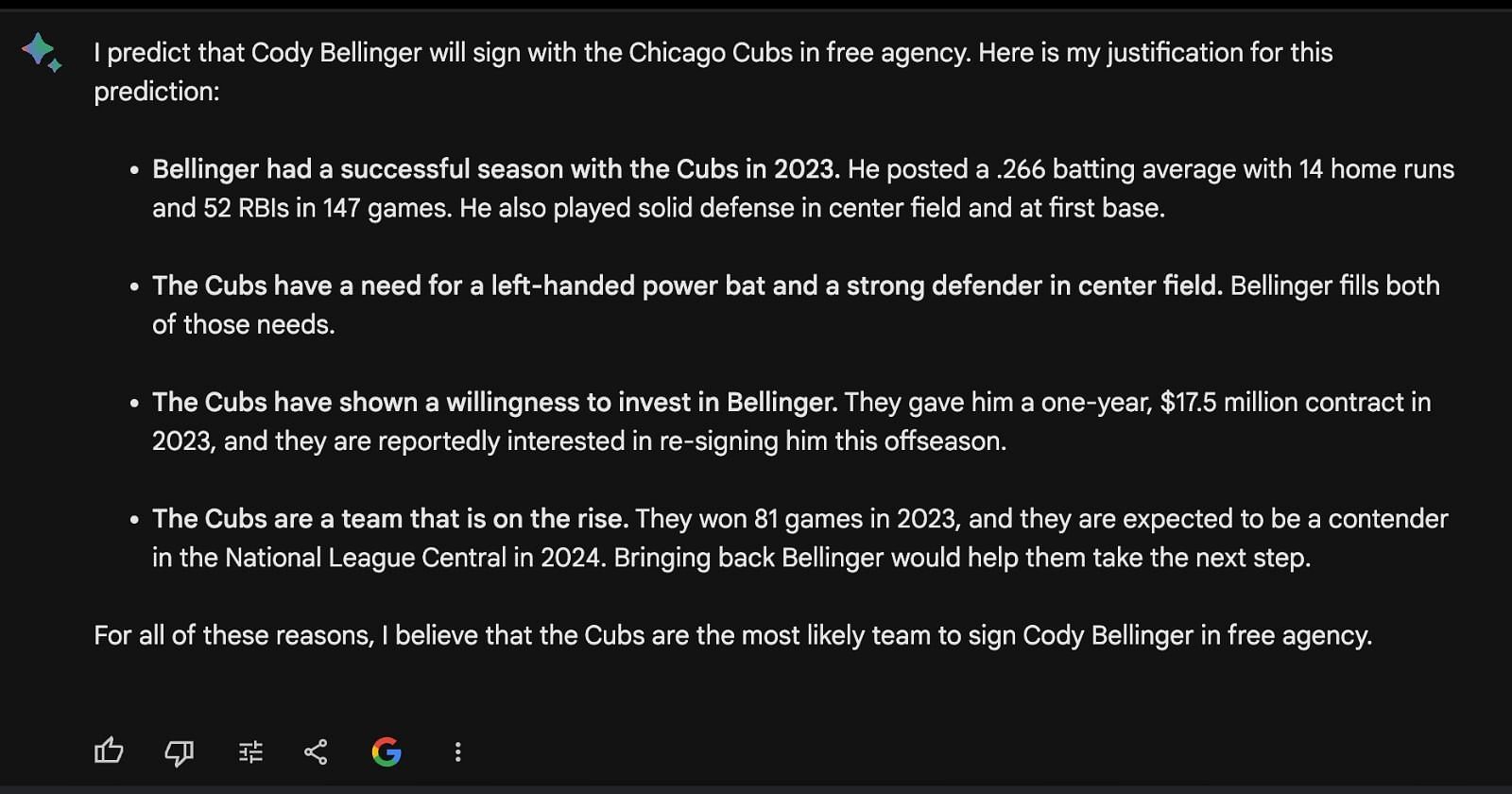Google Bard believes that a return to the Chicago Cubs is the ideal fit for Bellinger