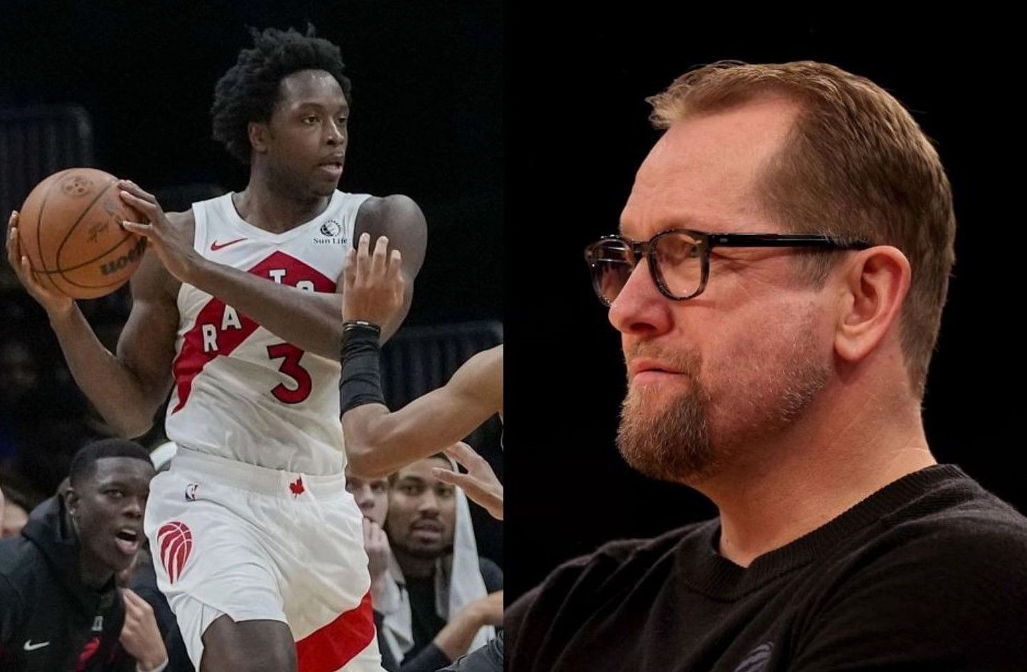 Former Toronto coach Nick Nurse (R) had a funny take on the deal between the Raptors and the New York Knicks involving forward OG Anunoby (L).