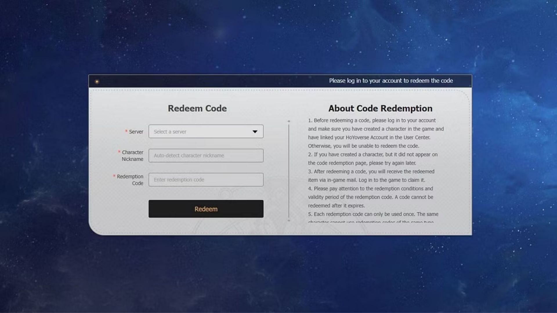 The official webpage for code redemption (Image via HoYoverse)